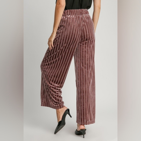 Umgee Velvet High-Rise Retro Pants Wide Leg Boho Metallic Stripe Elastic Waist - Picture 7 of 12